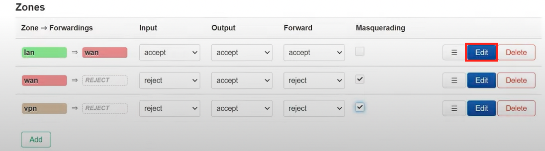 OpenWrt firewall zones list with the Edit button highlighted for configuring a zone.