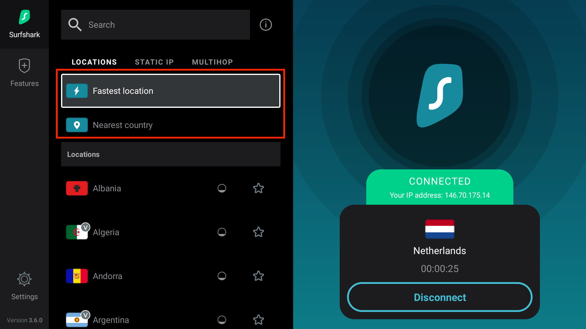 Surfshark VPN connected to the fastest location (Netherlands) on Fire TV, showing IP address and connection duration.