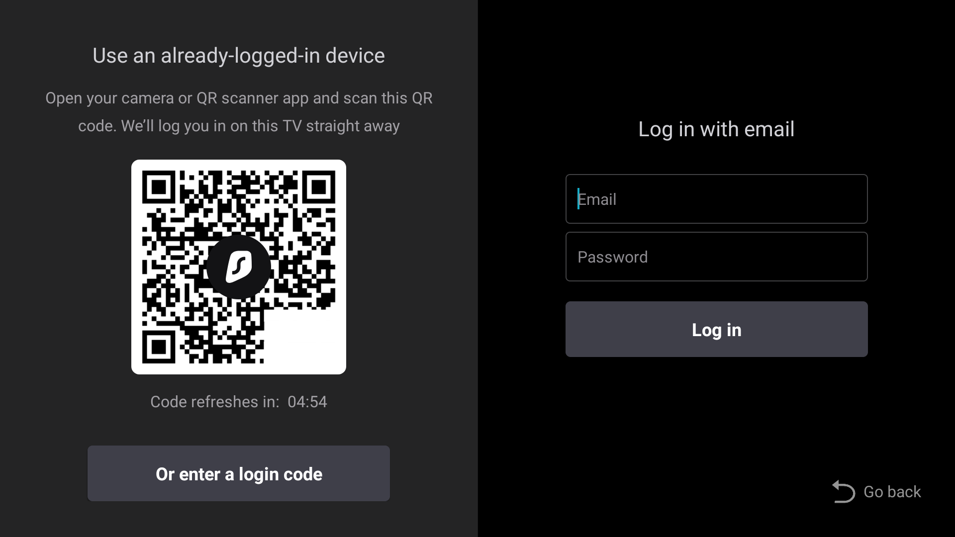 Surfshark VPN login options on Fire TV with a QR code for signing in via an existing device on the left and email/password login form on the right.