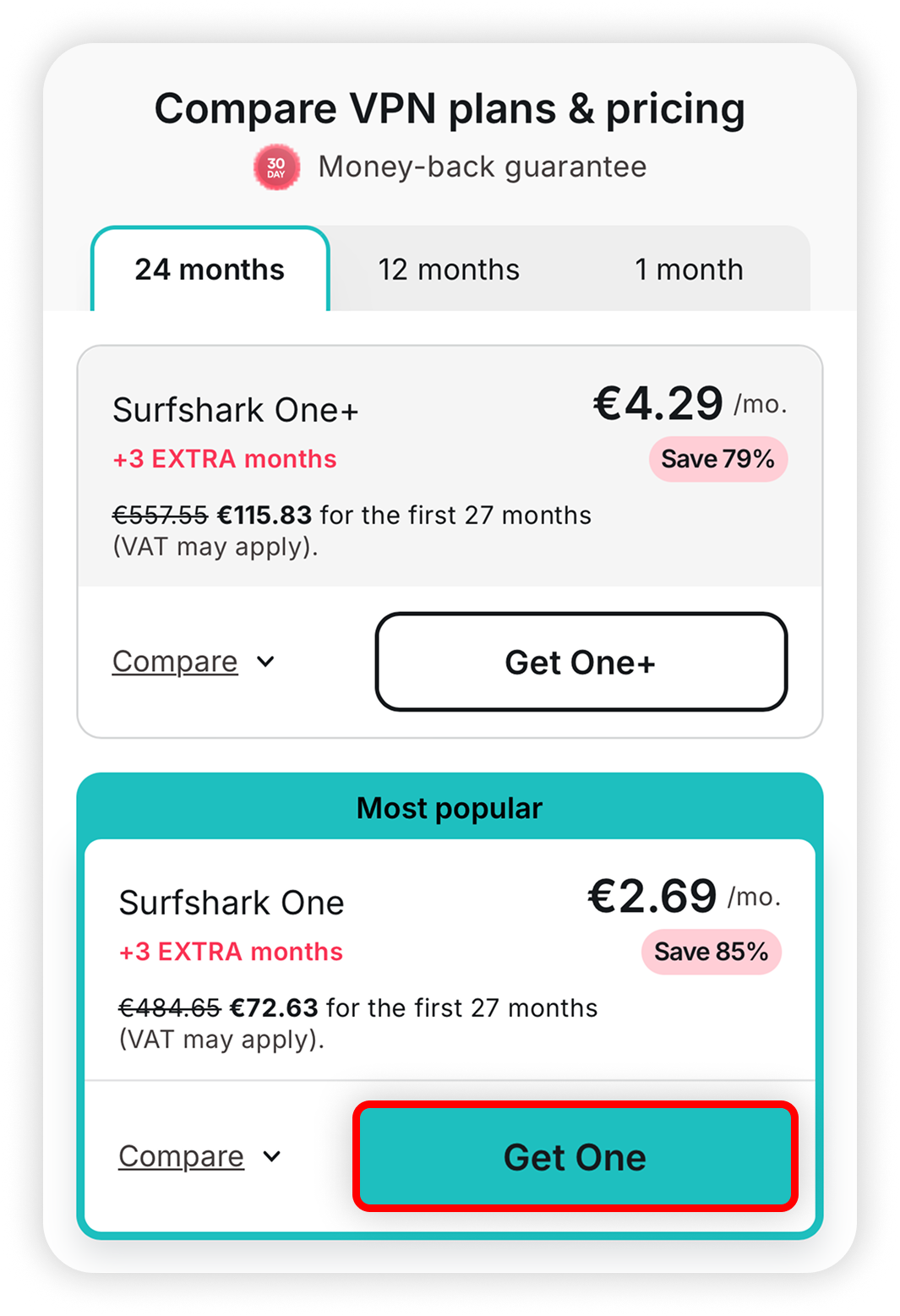 View of Surfshark pricing ios web, get one button is highlighted.png