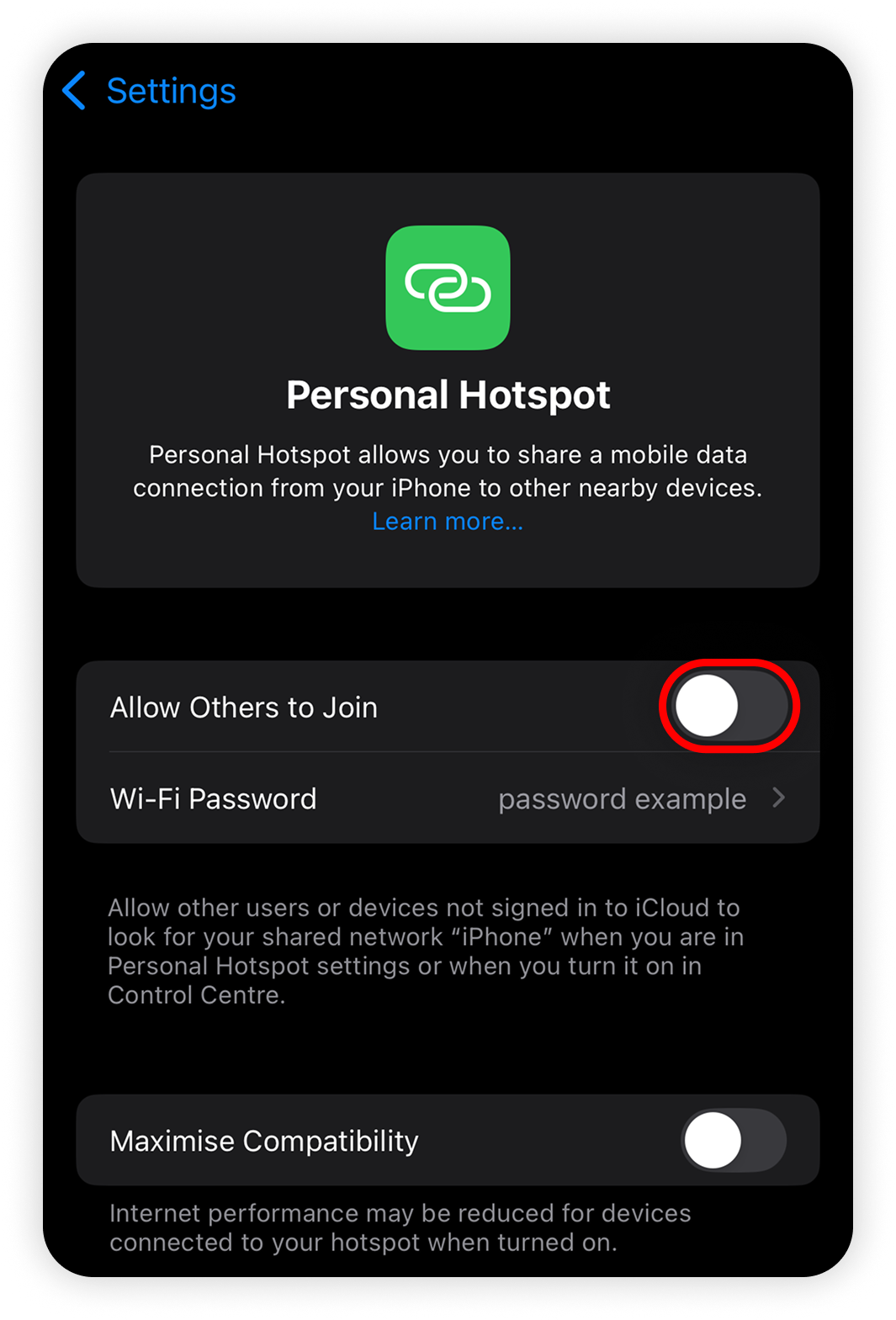 View of iOS personal hotspot settings, allow other to join button is highlighted.png