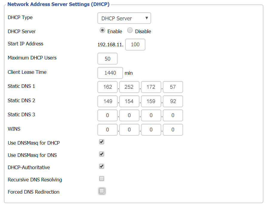 Screenshot of the Setup tab in the DD-WRT control panel, showing the DHCP section with settings applied.
