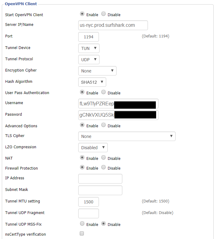 Screenshot of the OpenVPN Client configuration panel in the DD-WRT control panel.