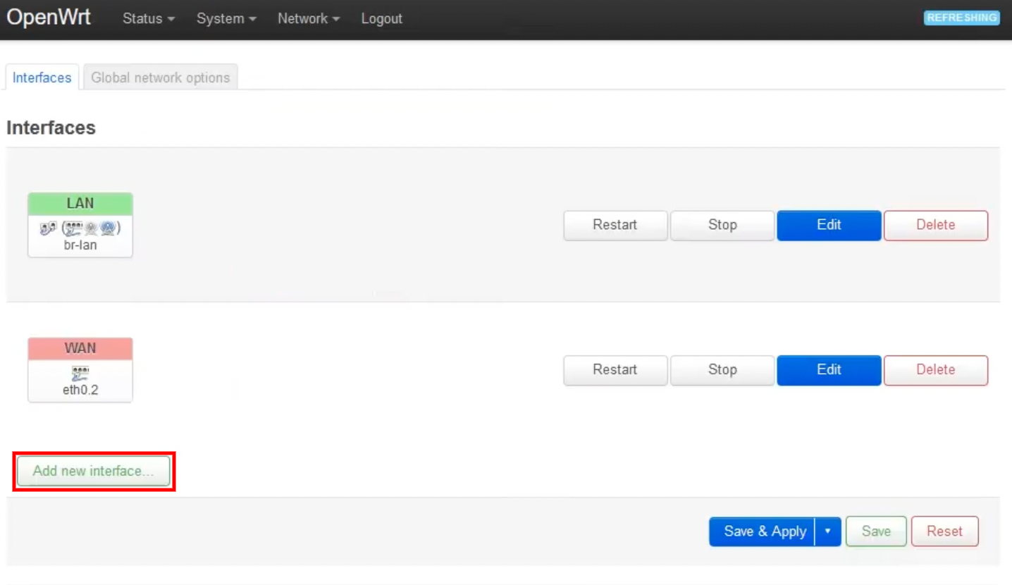 OpenWrt interfaces page showing LAN and WAN interfaces with “Add new interface…” highlighted.